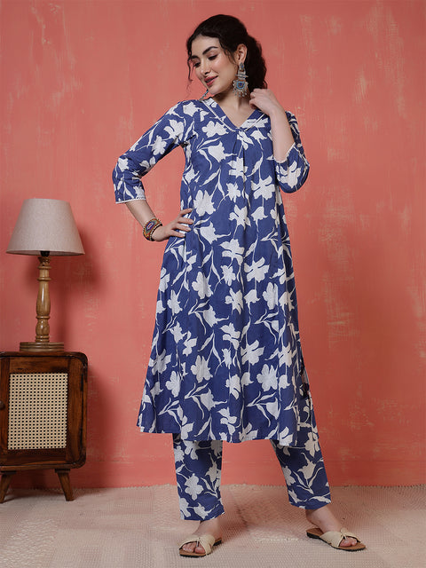 Blue Printed Two Piece Cotton Co-ord Set for Women