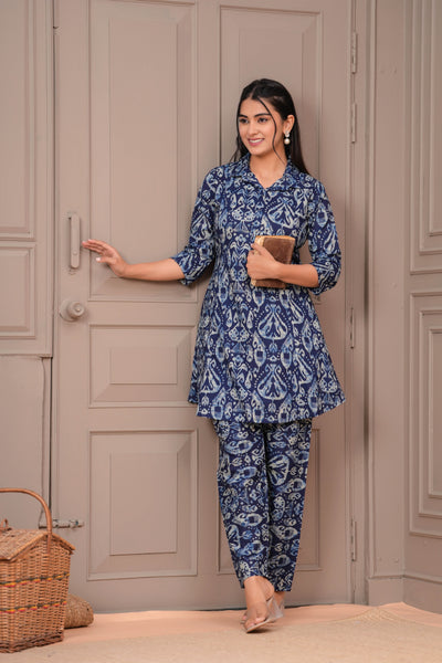 Navy Blue Printed Two Piece Cotton Co-ord Set for Women