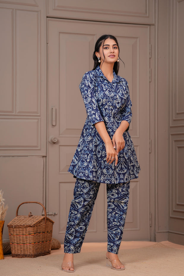 Navy Blue Printed Two Piece Cotton Co-ord Set for Women