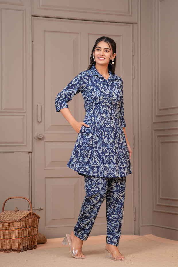 Navy Blue Printed Two Piece Cotton Co-ord Set for Women