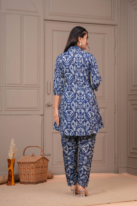 Navy Blue Printed Two Piece Cotton Co-ord Set for Women