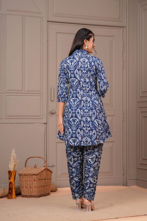 Navy Blue Printed Two Piece Cotton Co-ord Set for Women