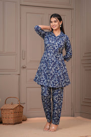 Navy Blue Printed Two Piece Cotton Co-ord Set for Women