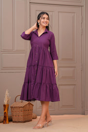 Purple Shirt Collar Casual Wear Dress for Women