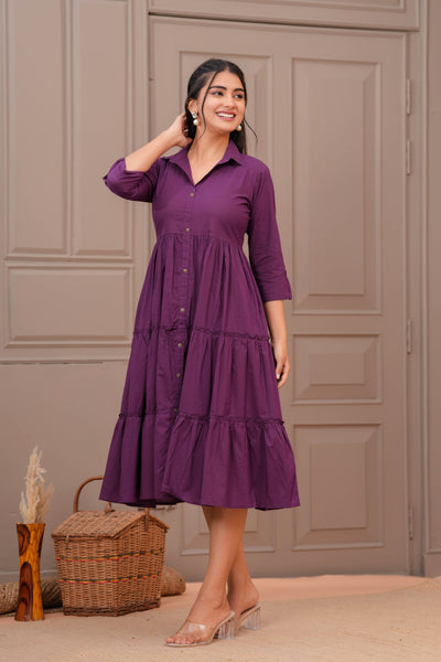 Purple Shirt Collar Casual Wear Dress for Women