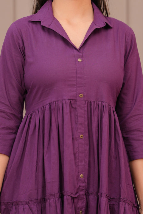 Purple Shirt Collar Casual Wear Dress for Women