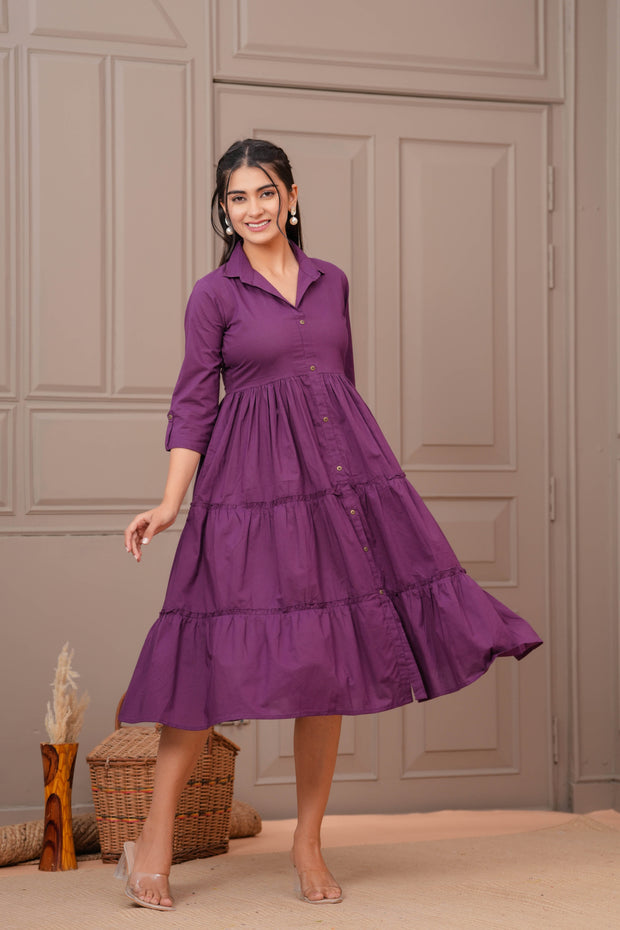 Purple Shirt Collar Casual Wear Dress for Women