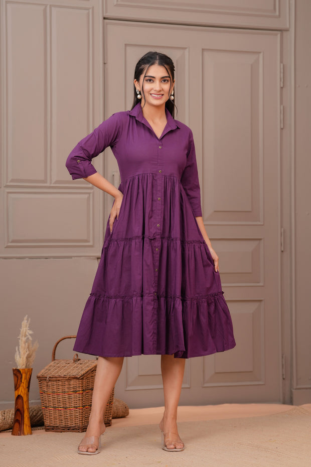 Purple Shirt Collar Casual Wear Dress for Women