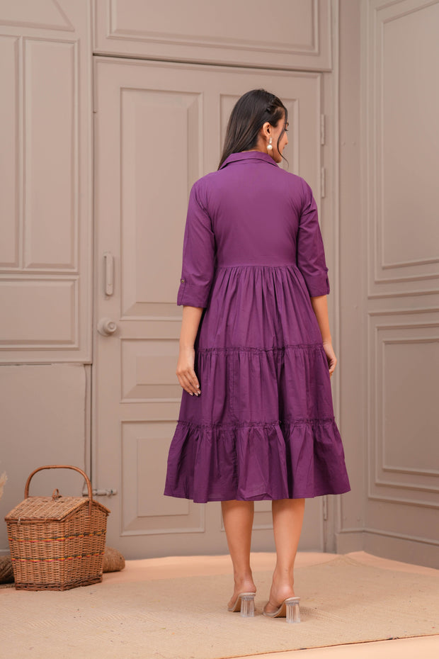 Purple Shirt Collar Casual Wear Dress for Women