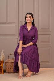 Purple Shirt Collar Casual Wear Dress for Women