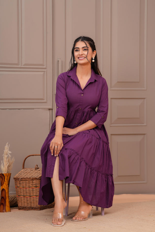 Purple Shirt Collar Casual Wear Dress for Women