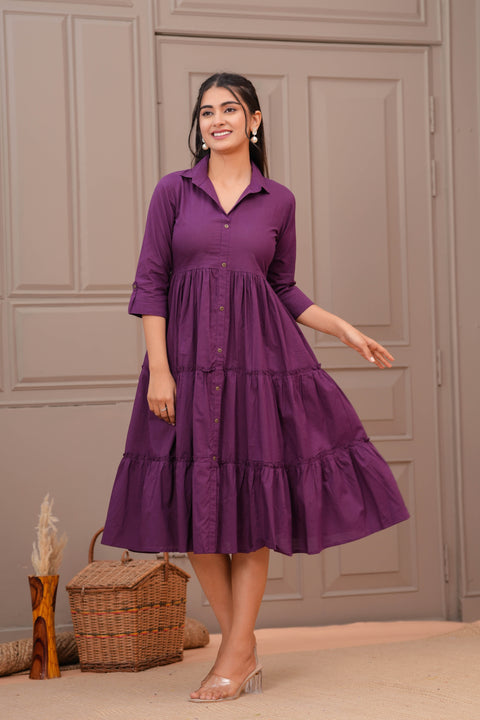 Purple Shirt Collar Casual Wear Dress for Women
