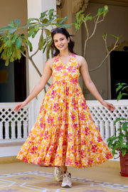 Floral Printed Pure Cotton Fit & Flare Ethnic Dress for Women