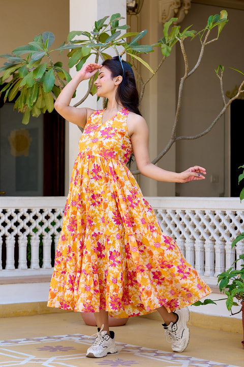 Floral Printed Pure Cotton Fit & Flare Ethnic Dress for Women