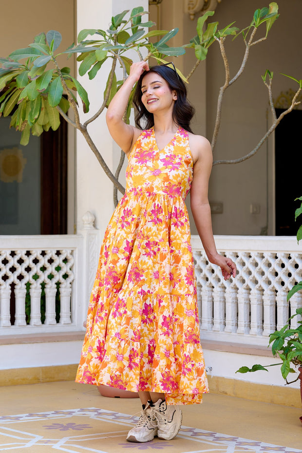Floral Printed Pure Cotton Fit & Flare Ethnic Dress for Women