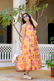 Floral Printed Pure Cotton Fit & Flare Ethnic Dress for Women