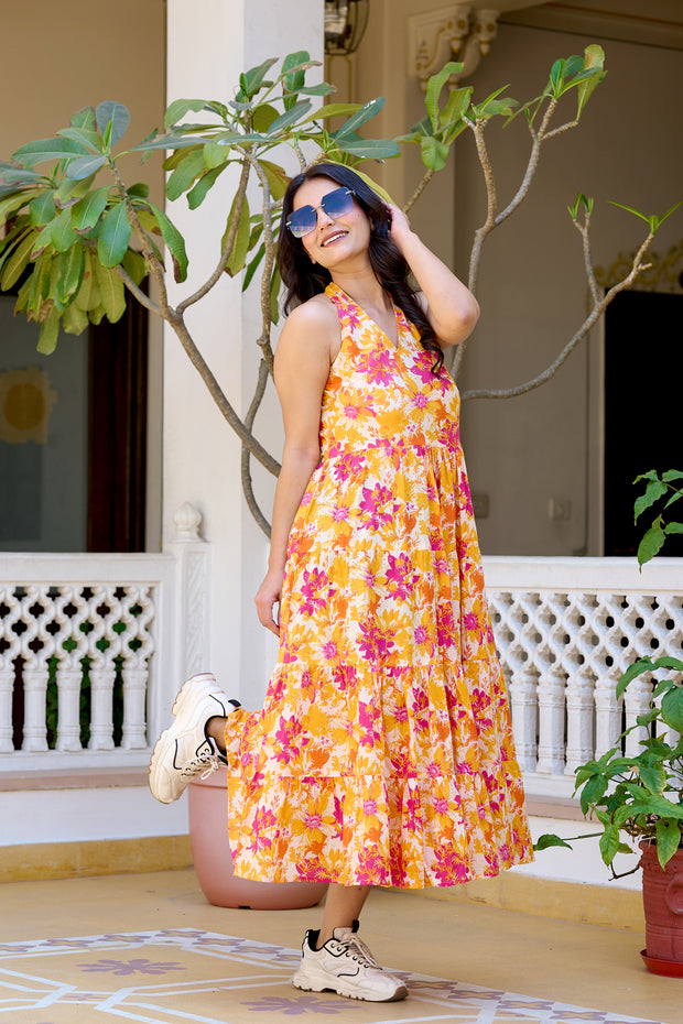 Floral Printed Pure Cotton Fit & Flare Ethnic Dress for Women