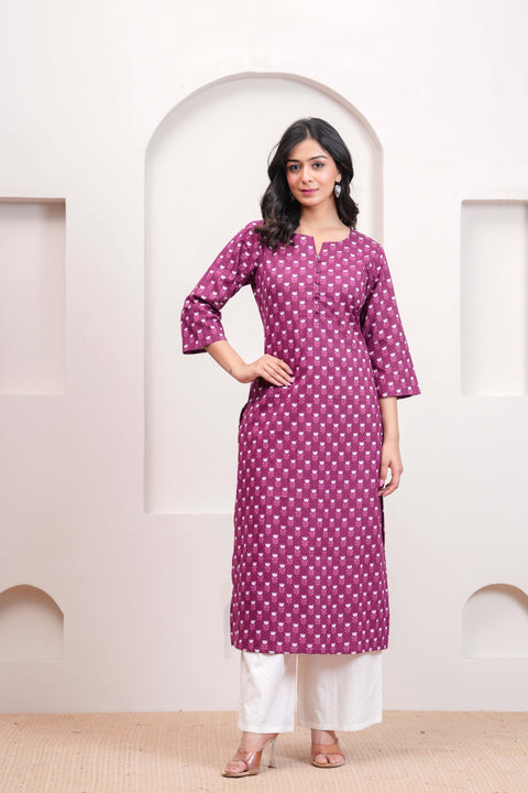 Women Purple Printed Straight Kurta with Three Quarter Sleeves