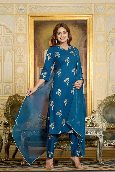 Women Teal Printed Kurts & Trouser with Dupatta