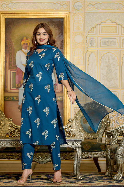Women Teal Printed Kurts & Trouser with Dupatta
