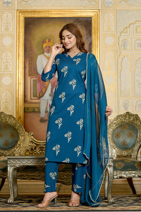 Women Teal Printed Kurts & Trouser with Dupatta