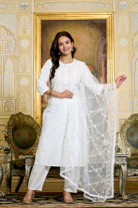 Women Gold Printed Kurts & Trouser with Embroidered Dupatta