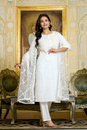 Women Gold Printed Kurts & Trouser with Embroidered Dupatta