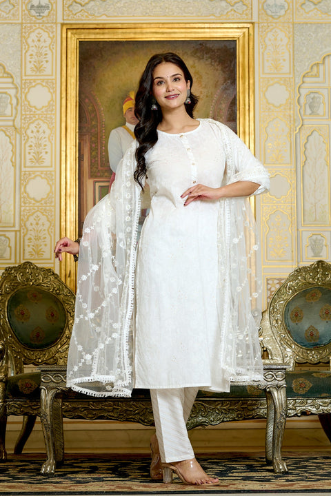 Women Gold Printed Kurts & Trouser with Embroidered Dupatta