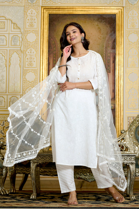 Women Gold Printed Kurts & Trouser with Embroidered Dupatta