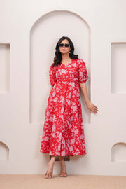 Red Floral Printed Flared Dress for Women