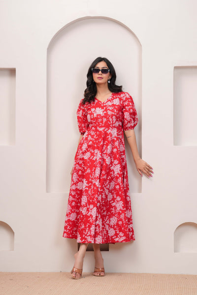 Red Floral Printed Flared Dress for Women