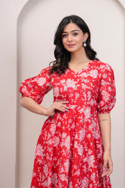 Red Floral Printed Flared Dress for Women