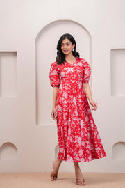 Red Floral Printed Flared Dress for Women