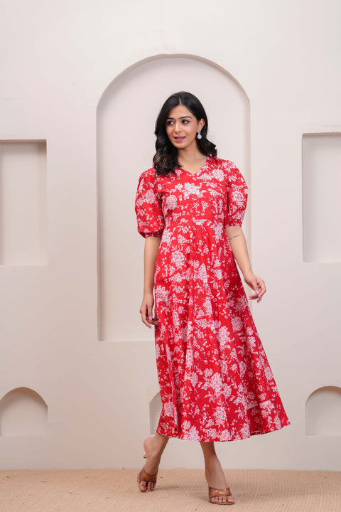 Red Floral Printed Flared Dress for Women