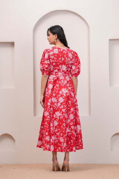 Red Floral Printed Flared Dress for Women