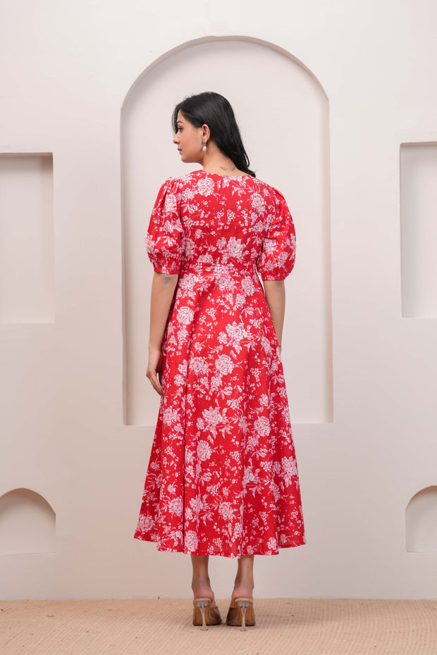Red Floral Printed Flared Dress for Women