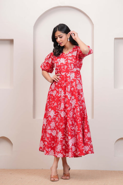 Red Floral Printed Flared Dress for Women
