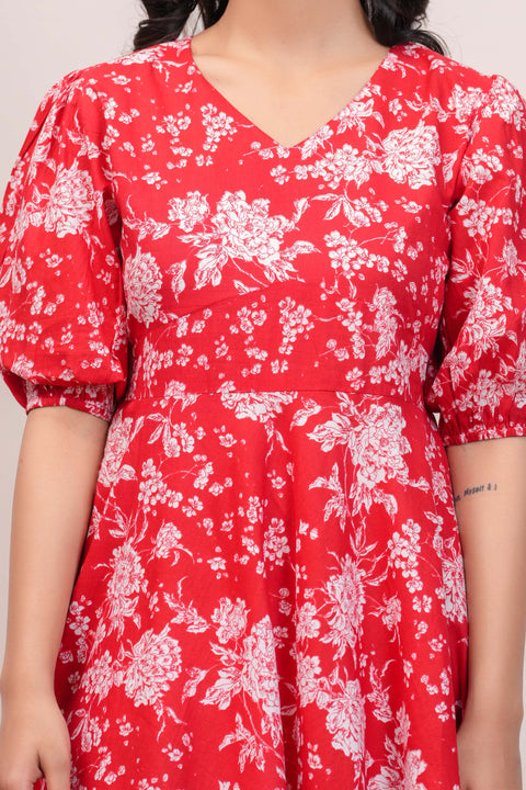 Red Floral Printed Flared Dress for Women