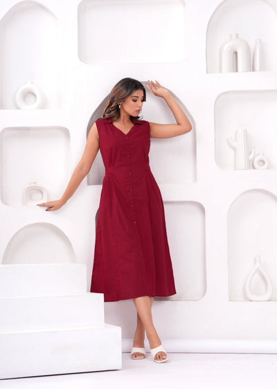 Solid Maroon Notched Collar Dress for Women