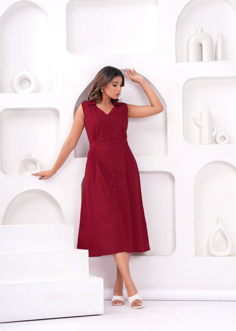 Solid Maroon Notched Collar Dress for Women
