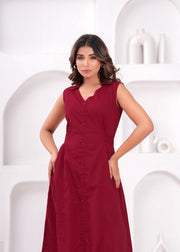 Solid Maroon Notched Collar Dress for Women