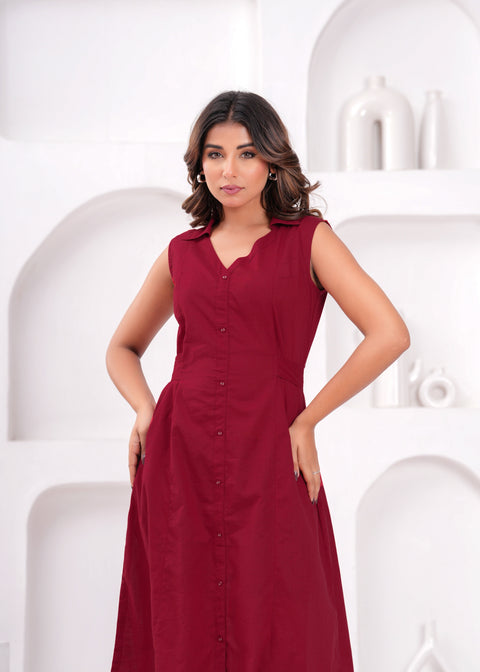 Solid Maroon Notched Collar Dress for Women