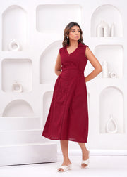 Solid Maroon Notched Collar Dress for Women