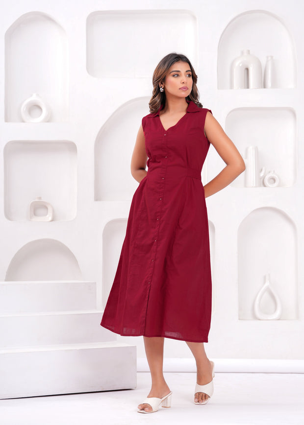 Solid Maroon Notched Collar Dress for Women