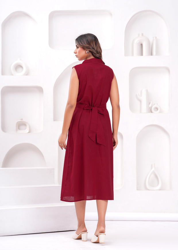 Solid Maroon Notched Collar Dress for Women