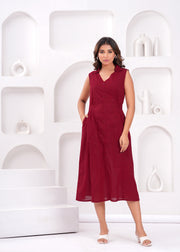 Solid Maroon Notched Collar Dress for Women