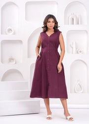 Solid Burgundy Notched Collar Dress for Women