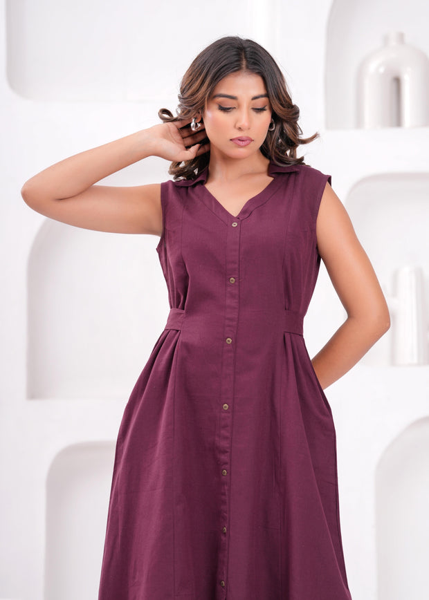 Solid Burgundy Notched Collar Dress for Women