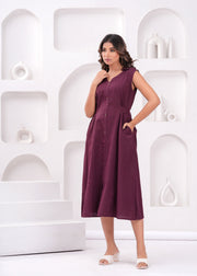 Solid Burgundy Notched Collar Dress for Women