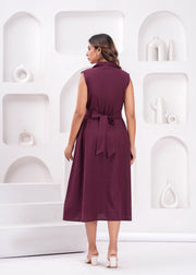 Solid Burgundy Notched Collar Dress for Women
